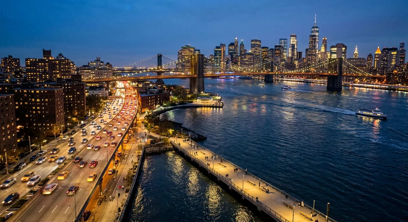 Aerial view of the East River shoreline at blue hour, FDR Drive above and the esplanade below