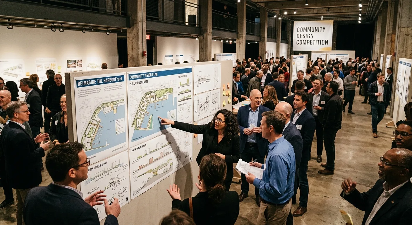 Architects and planners gathered around large waterfront site plan drawings at a community design competition