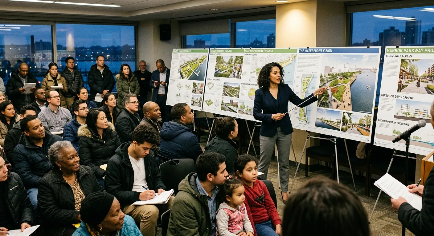 Architect presenting waterfront design competition boards to a civic audience